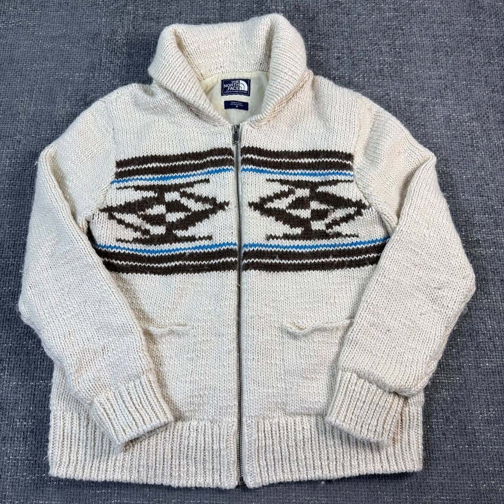 The North Face Full Zip Sweater Mens M Cream Southwestern Fleece Lined Knit